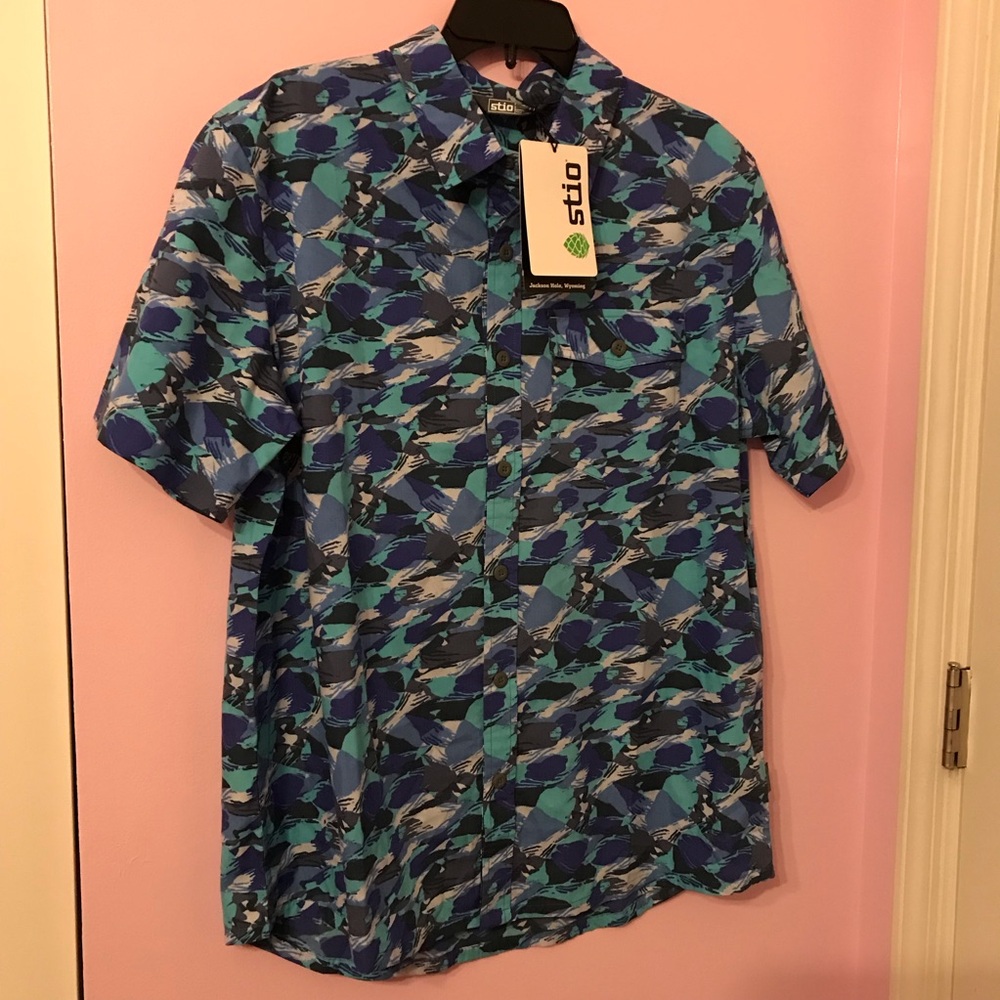 STIO Curtis Camp Blue Brush Strike CAMO Short Sleeve Shirt Mens $109